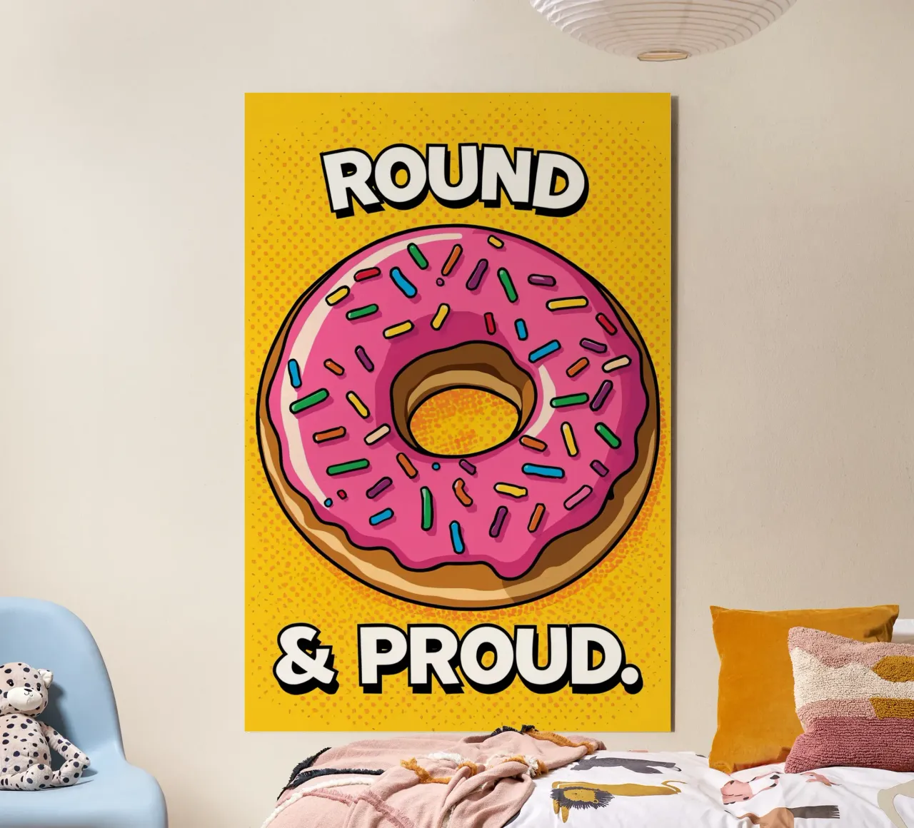 Ciambella con glassa rosa e zuccherini "Tonda e orgogliosa". alluminio dibond da DesignDoodle