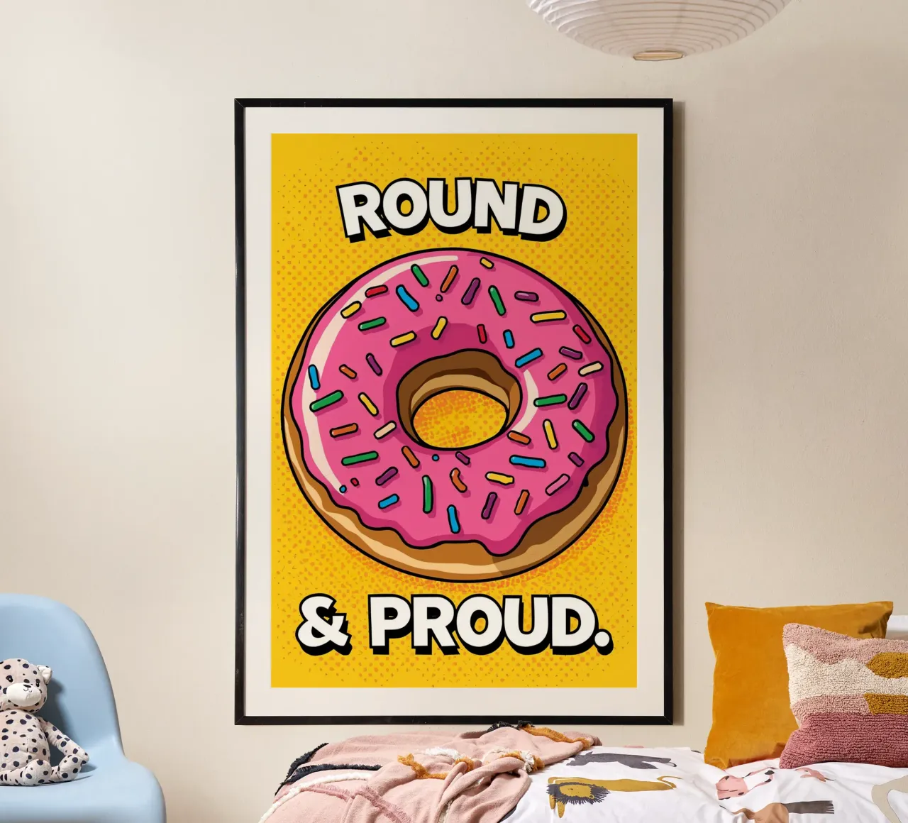 Ciambella con glassa rosa e zuccherini "Tonda e orgogliosa". carta hahnemühle da DesignDoodle
