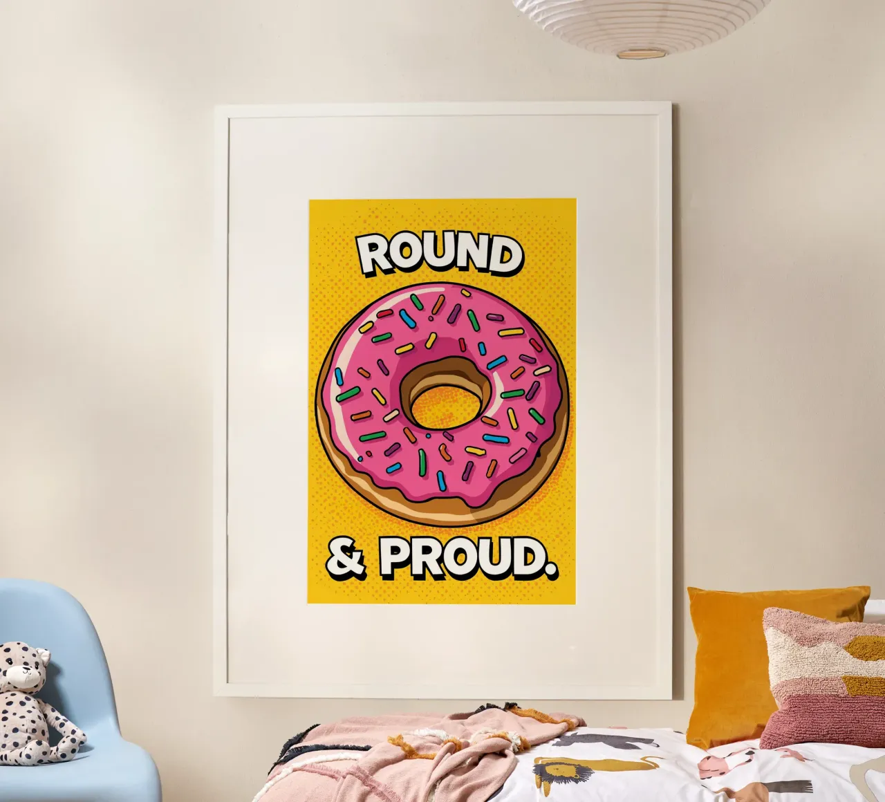 Ciambella con glassa rosa e zuccherini "Tonda e orgogliosa". carta hahnemühle da DesignDoodle