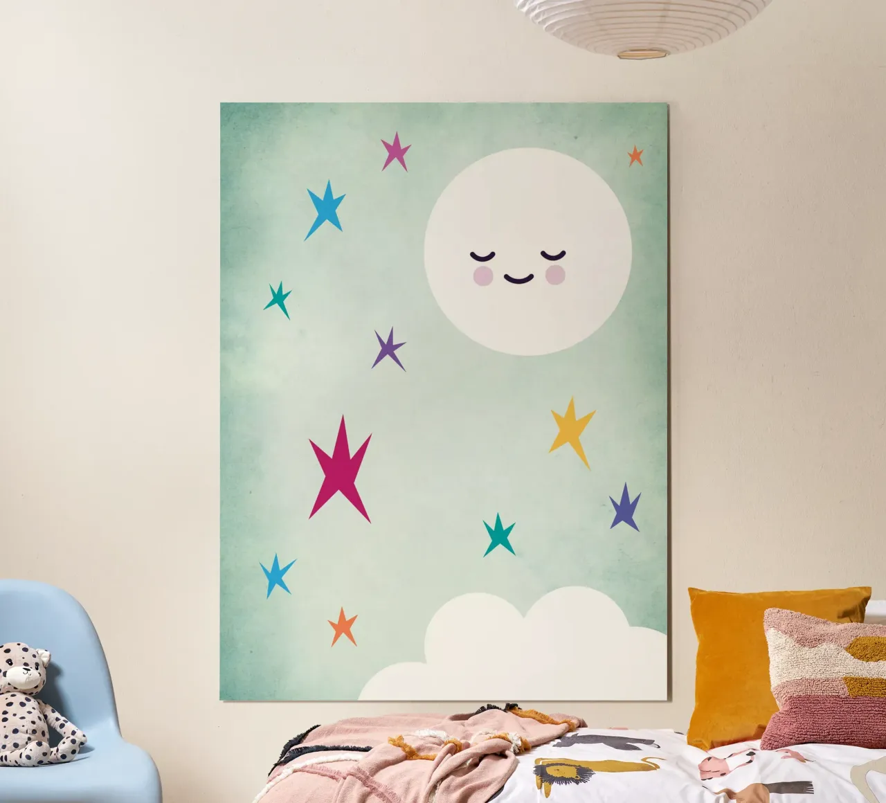 Arte della cameretta della luna addormentata poster con telaio in legno da Kim Hubball Studio