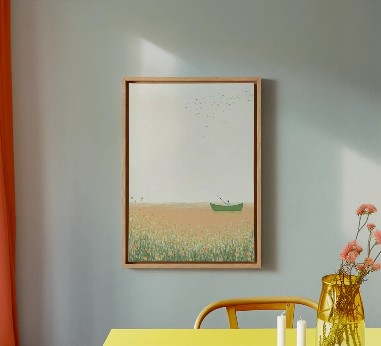 Minimalistische Visser Boot Sereniteit Landschap Print canvas van dawnthesea