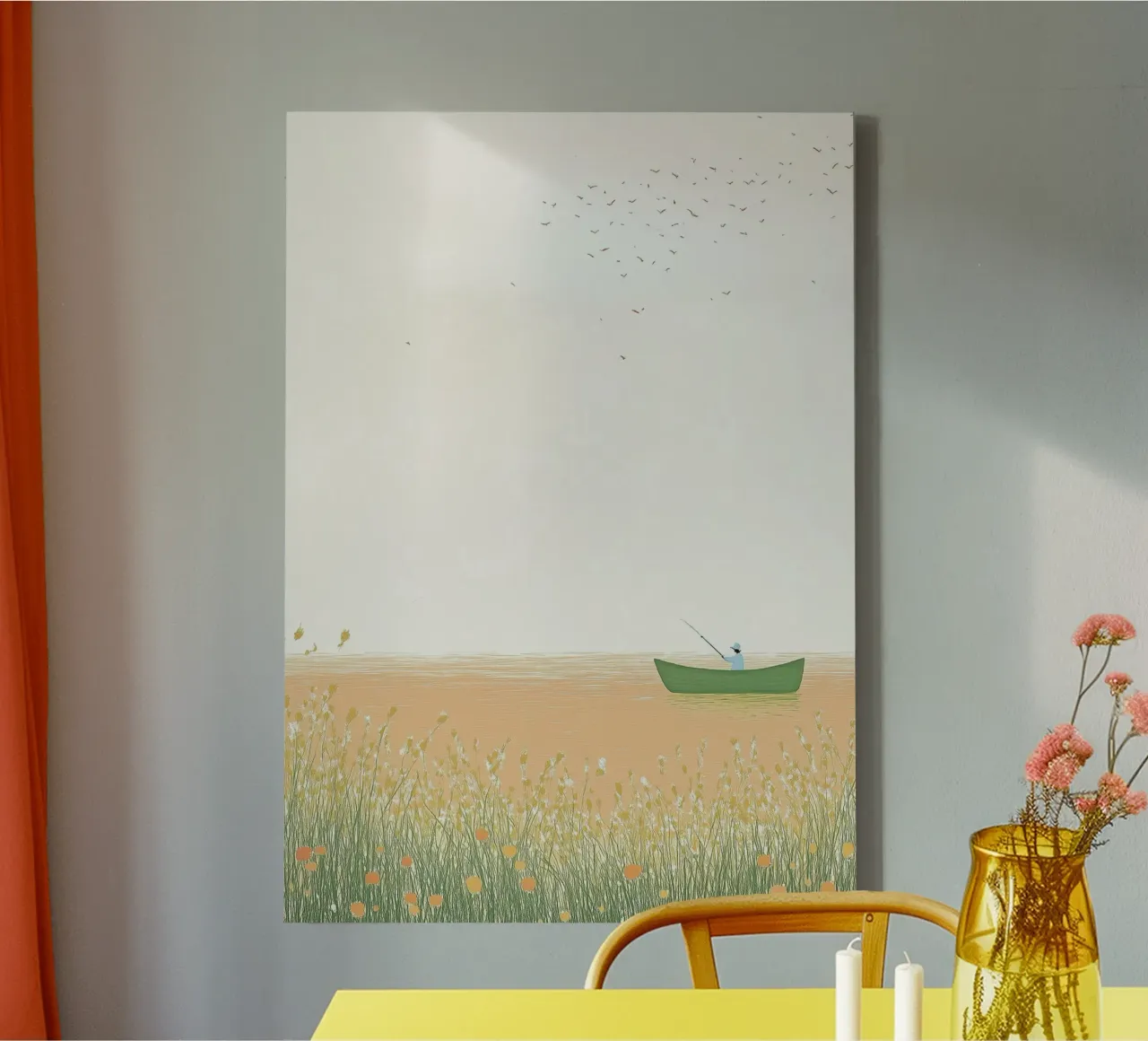 Minimalistische Visser Boot Sereniteit Landschap Print canvas van dawnthesea