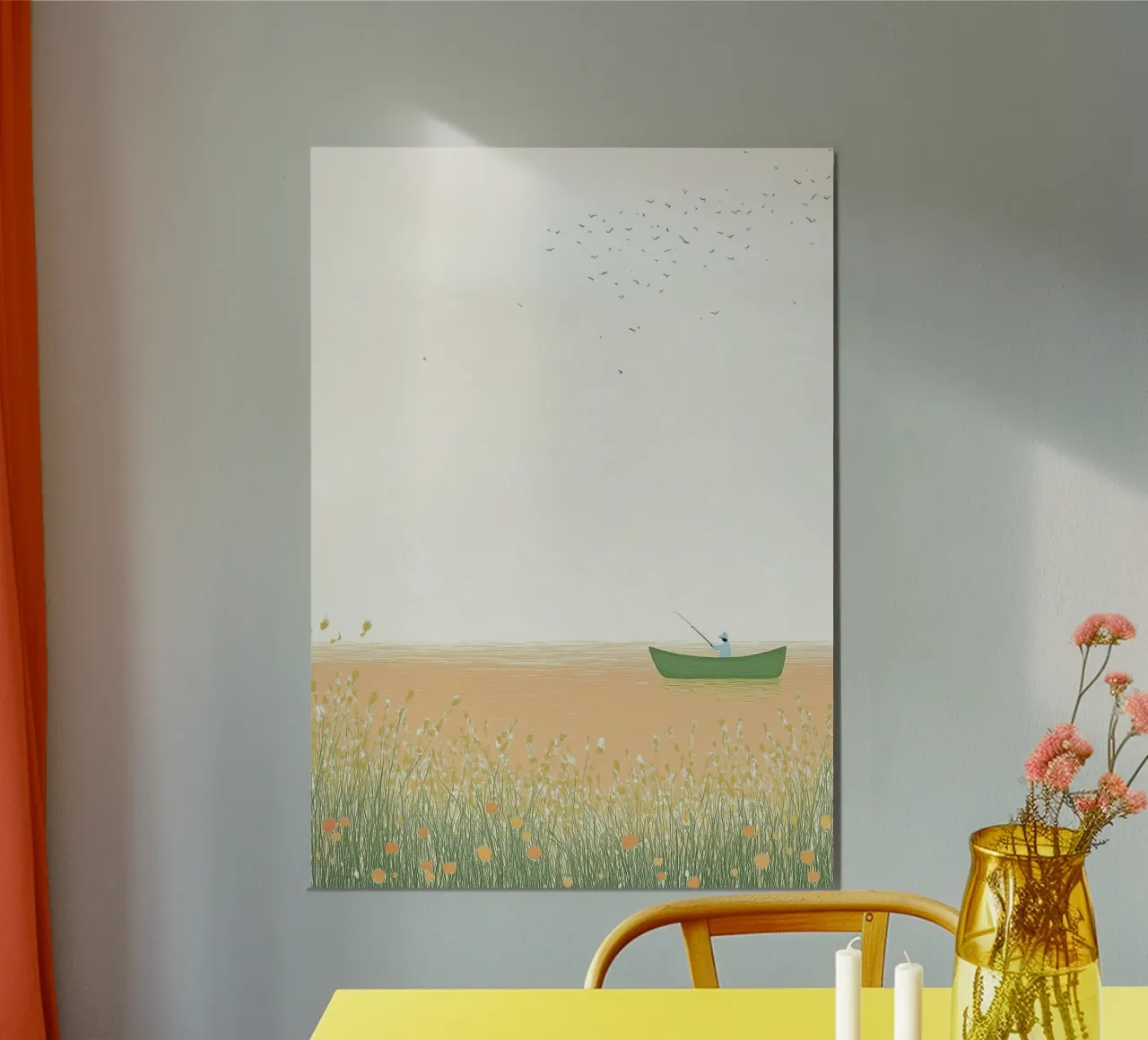 Minimalistische Visser Boot Sereniteit Landschap Print hahnemühle van dawnthesea