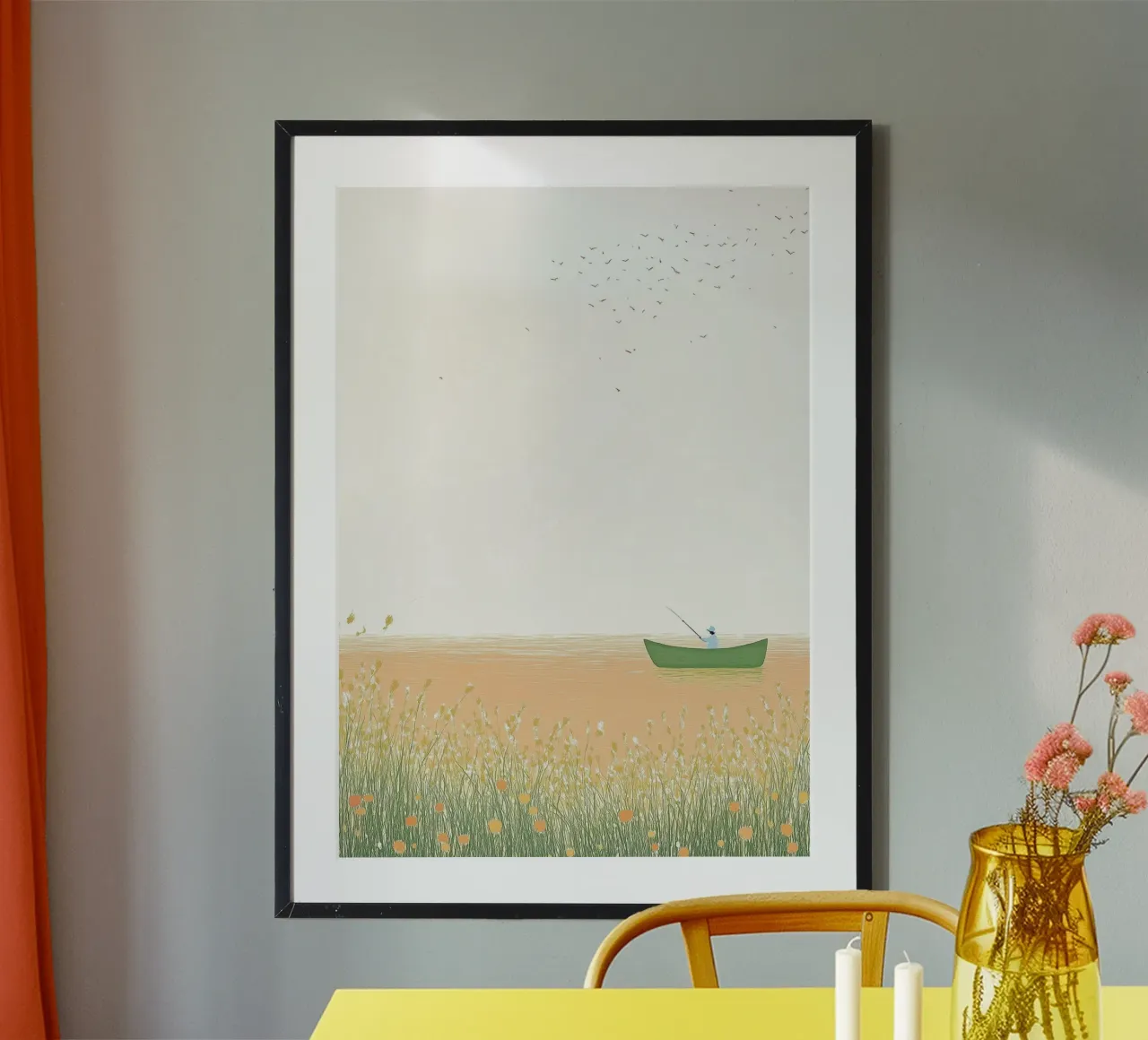 Minimalistische Visser Boot Sereniteit Landschap Print hahnemühle van dawnthesea