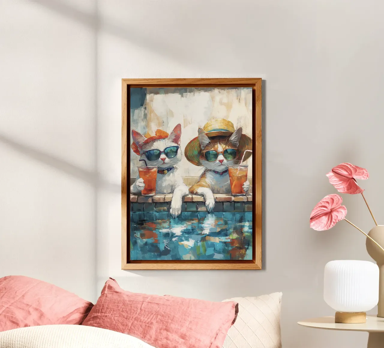 Impressionistische Katzen Poolside Sommer Drinks Kunstdruck Alu-Dibond von dawnthesea