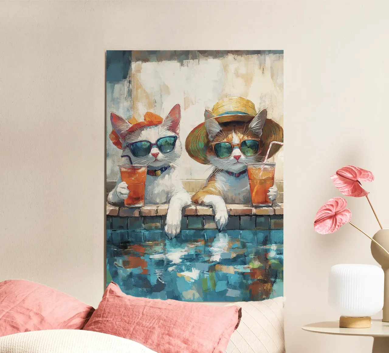 Impressionistische Katzen Poolside Sommer Drinks Kunstdruck Alu-Dibond von dawnthesea