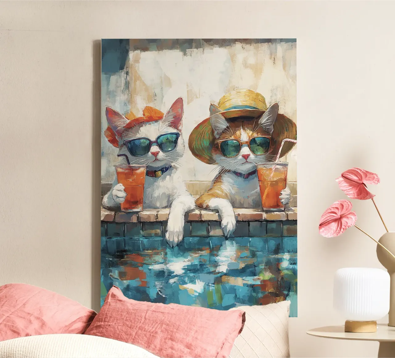 Gatti impressionisti a bordo piscina, bevande estive Stampa d'arte tela da dawnthesea