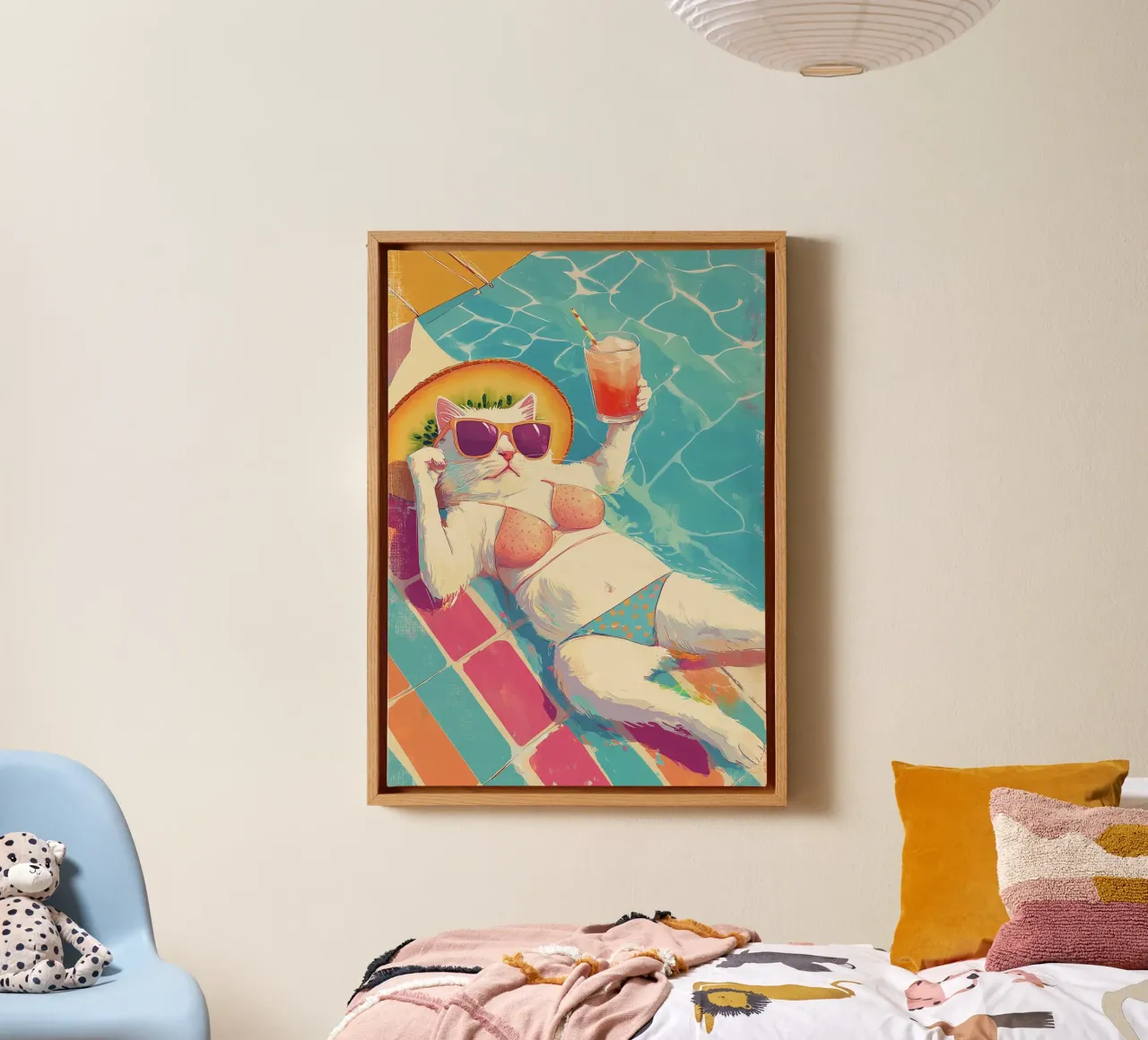Bikini Cat Pool Float Divertente Pop Art estiva retrò tela da dawnthesea