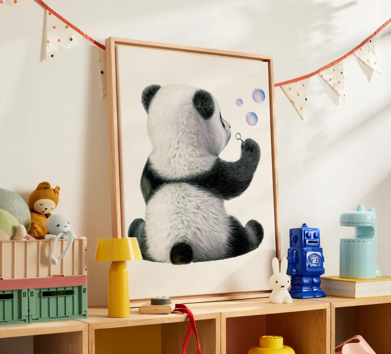 Pandakind met zeepbellen canvas van Graphit und Farbe