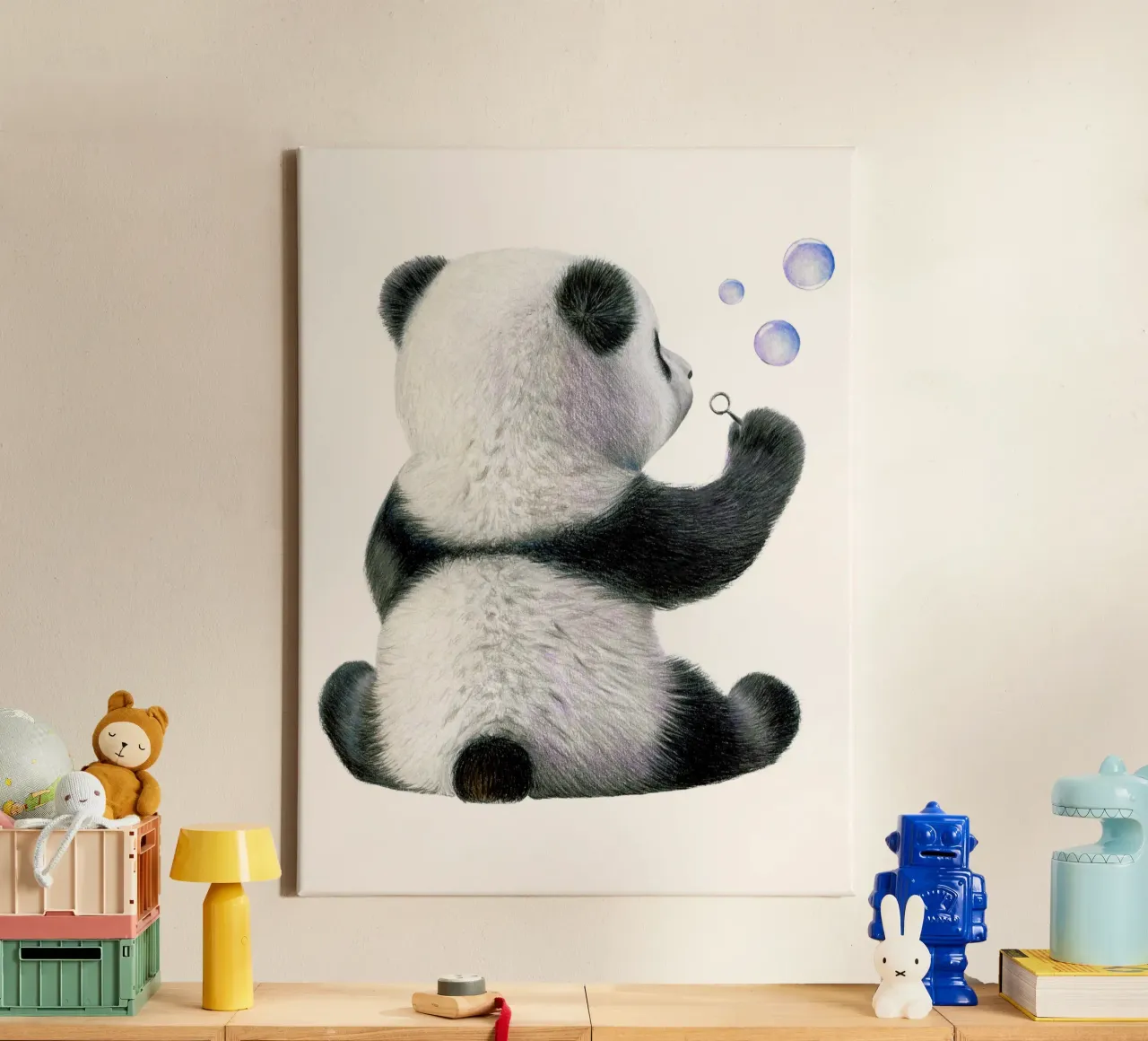 Panda child with soap bubbles canvas by Graphit und Farbe