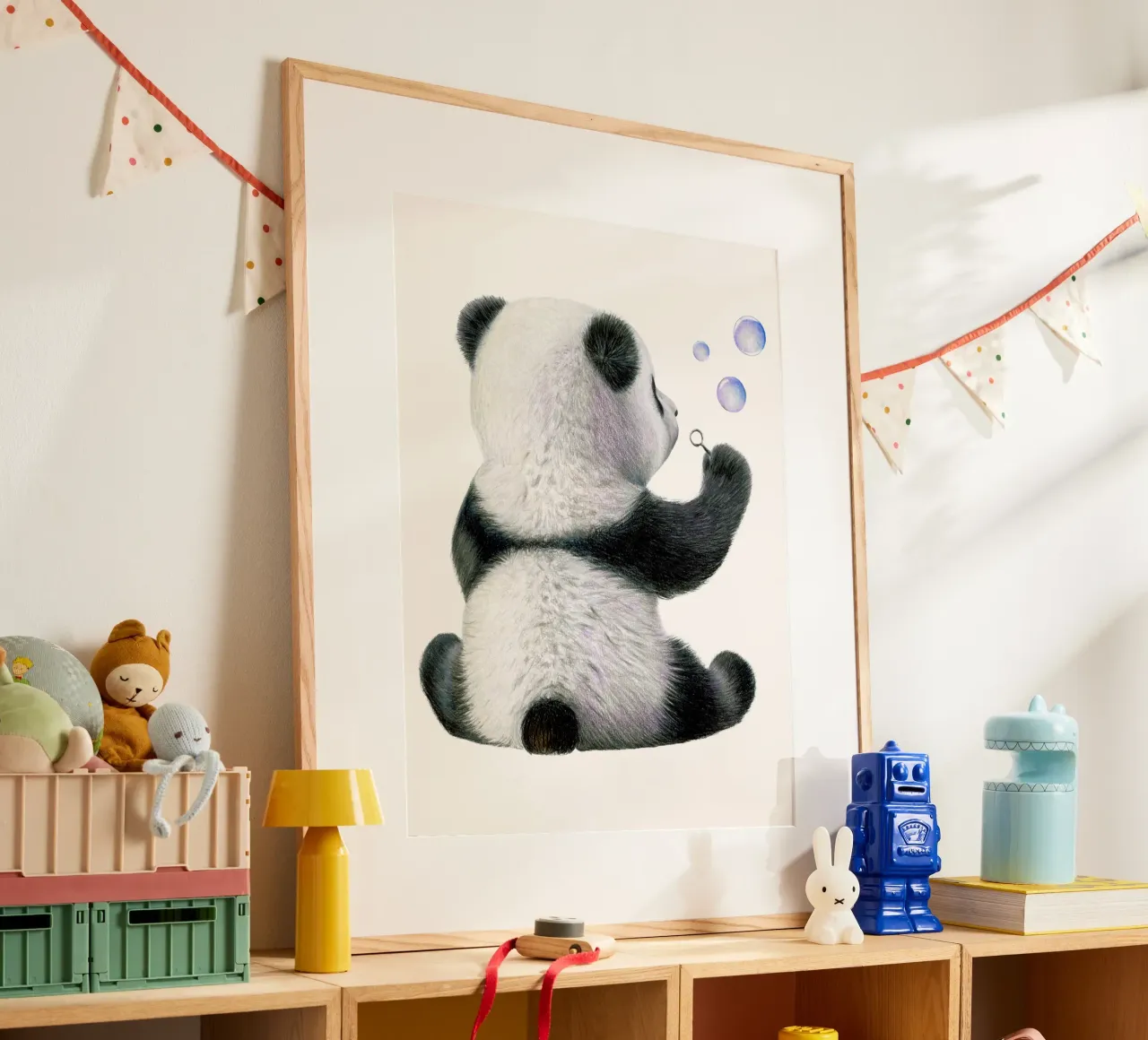 Pandakind mit Seifenblasen Hahnemühle von Graphit und Farbe