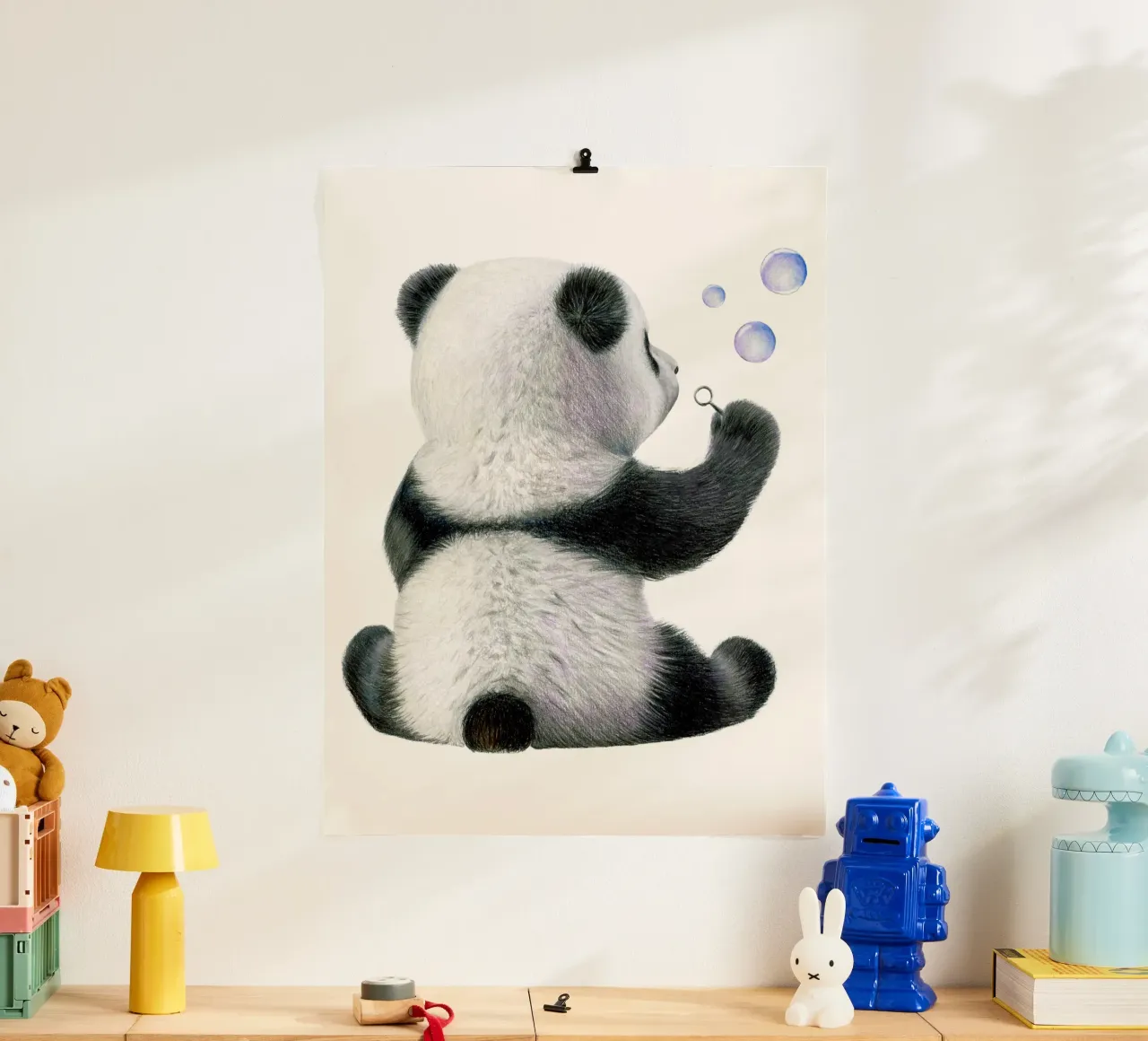 Pandakind mit Seifenblasen Hahnemühle von Graphit und Farbe