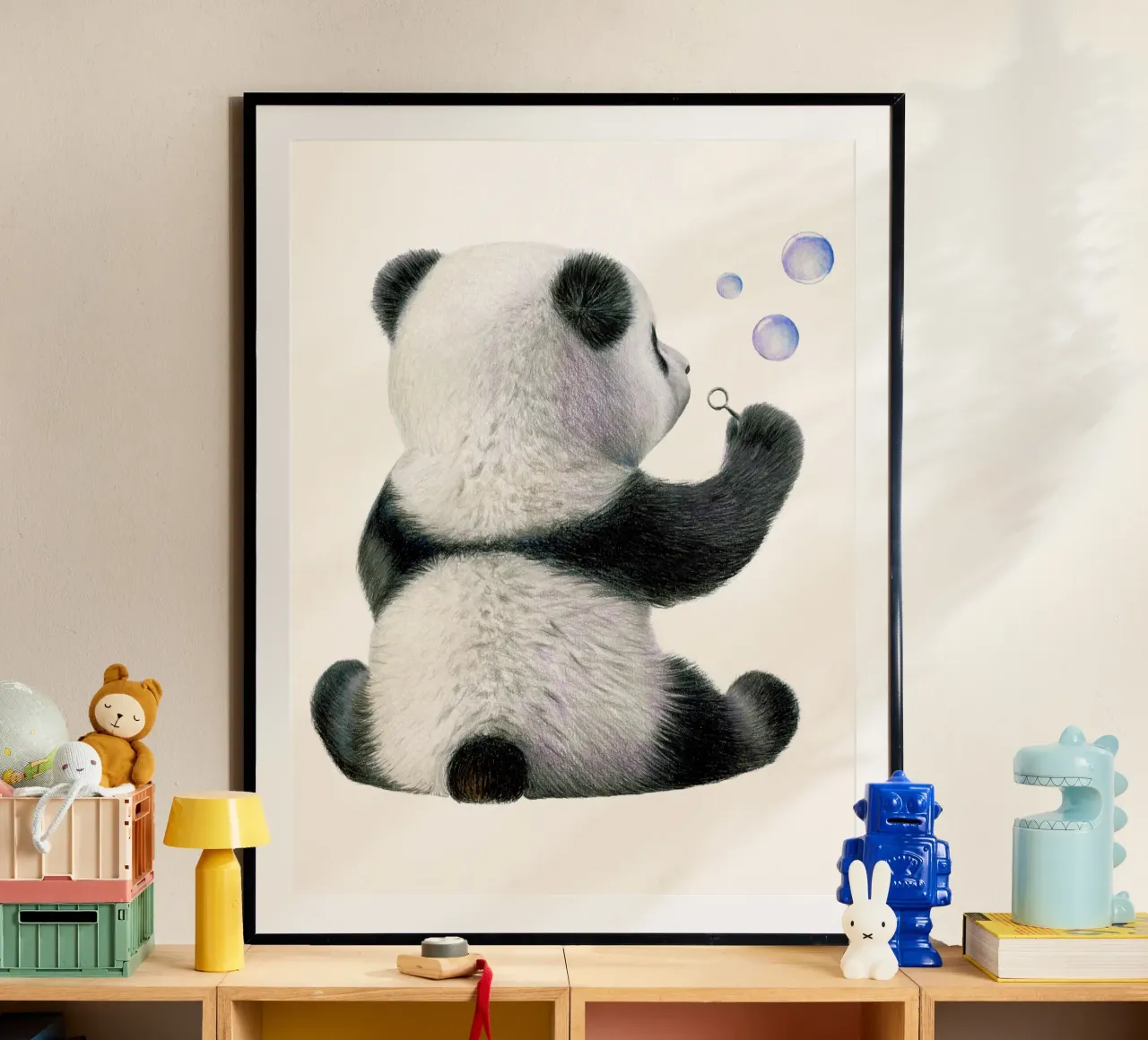 Pandakind mit Seifenblasen Hahnemühle von Graphit und Farbe