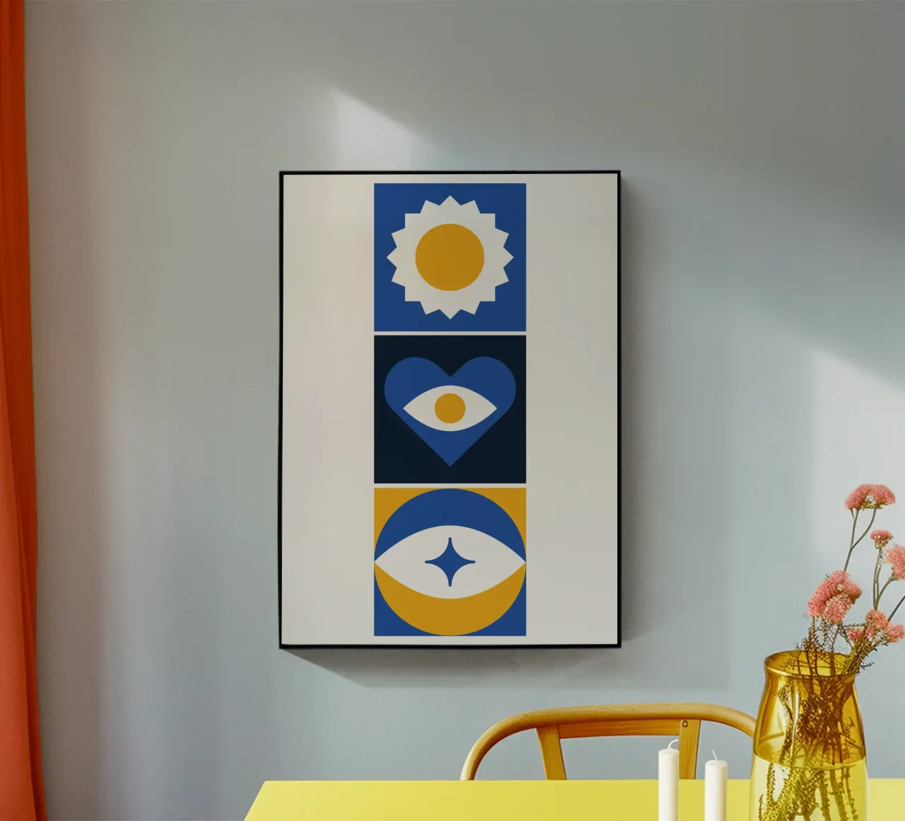 Boho Abstract Drieluik Blauw & Geel Geometrisch Oog Hart acryl van Grungeo