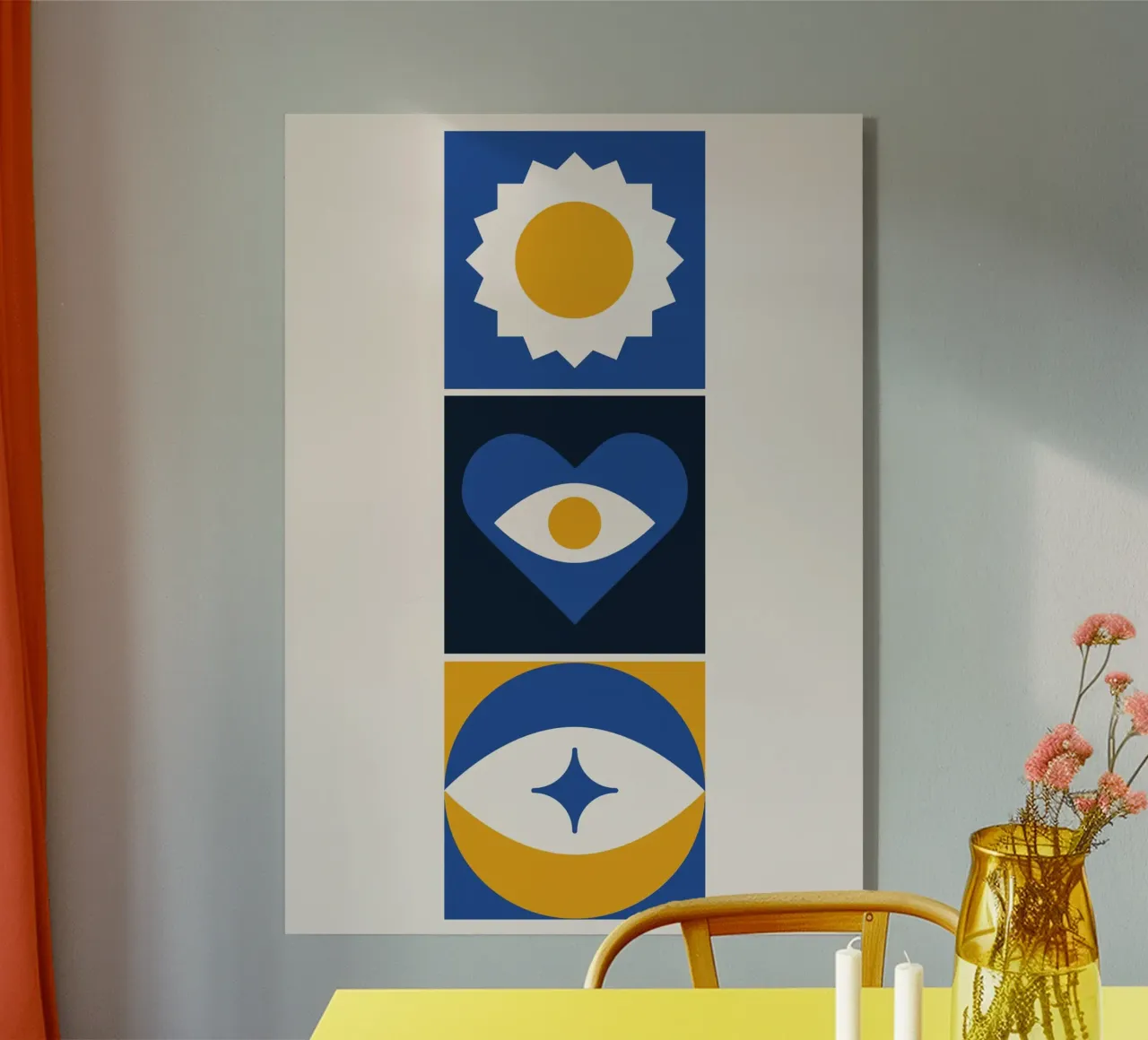 Boho Abstract Drieluik Blauw & Geel Geometrisch Oog Hart acryl van Grungeo