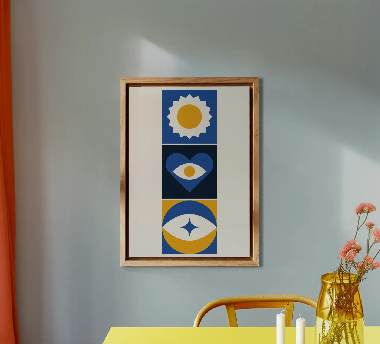 Boho Abstract Triptych Blue & Yellow Geometric Eye Heart alu-dibond by Grungeo