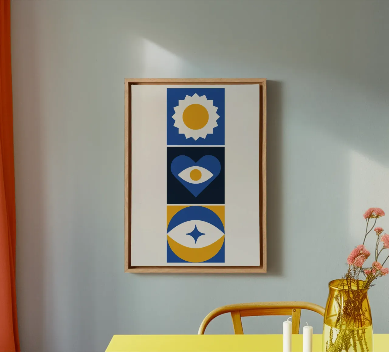 Boho Abstract Triptych Blue & Yellow Geometric Eye Heart canvas by Grungeo