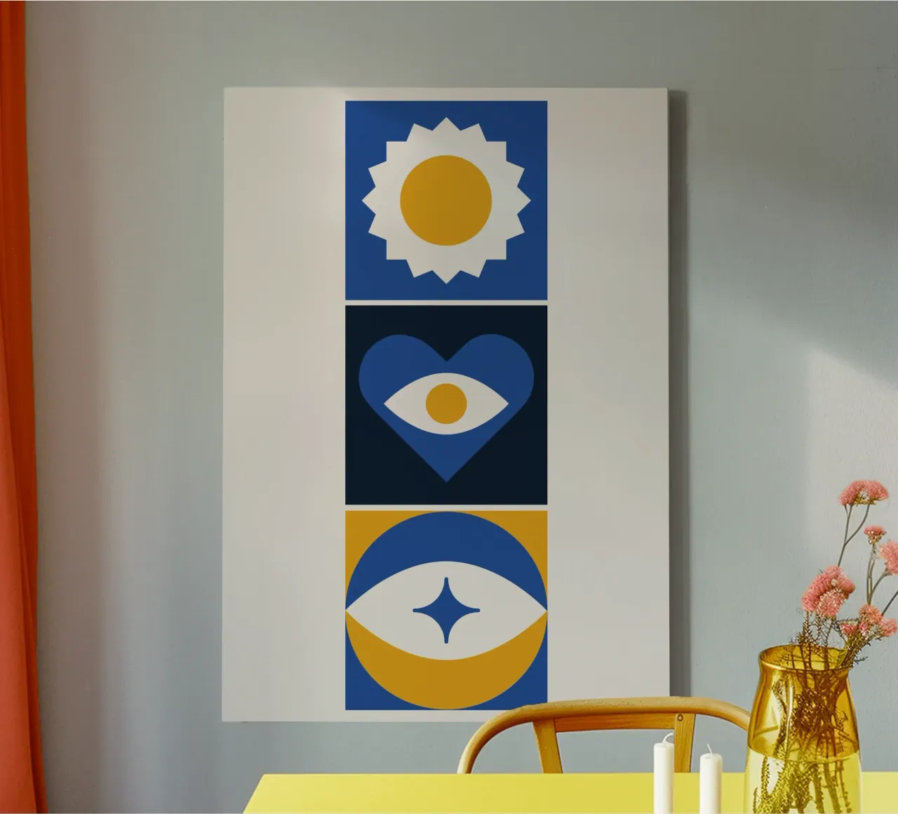 Boho Abstract Triptych Blue & Yellow Geometric Eye Heart canvas by Grungeo