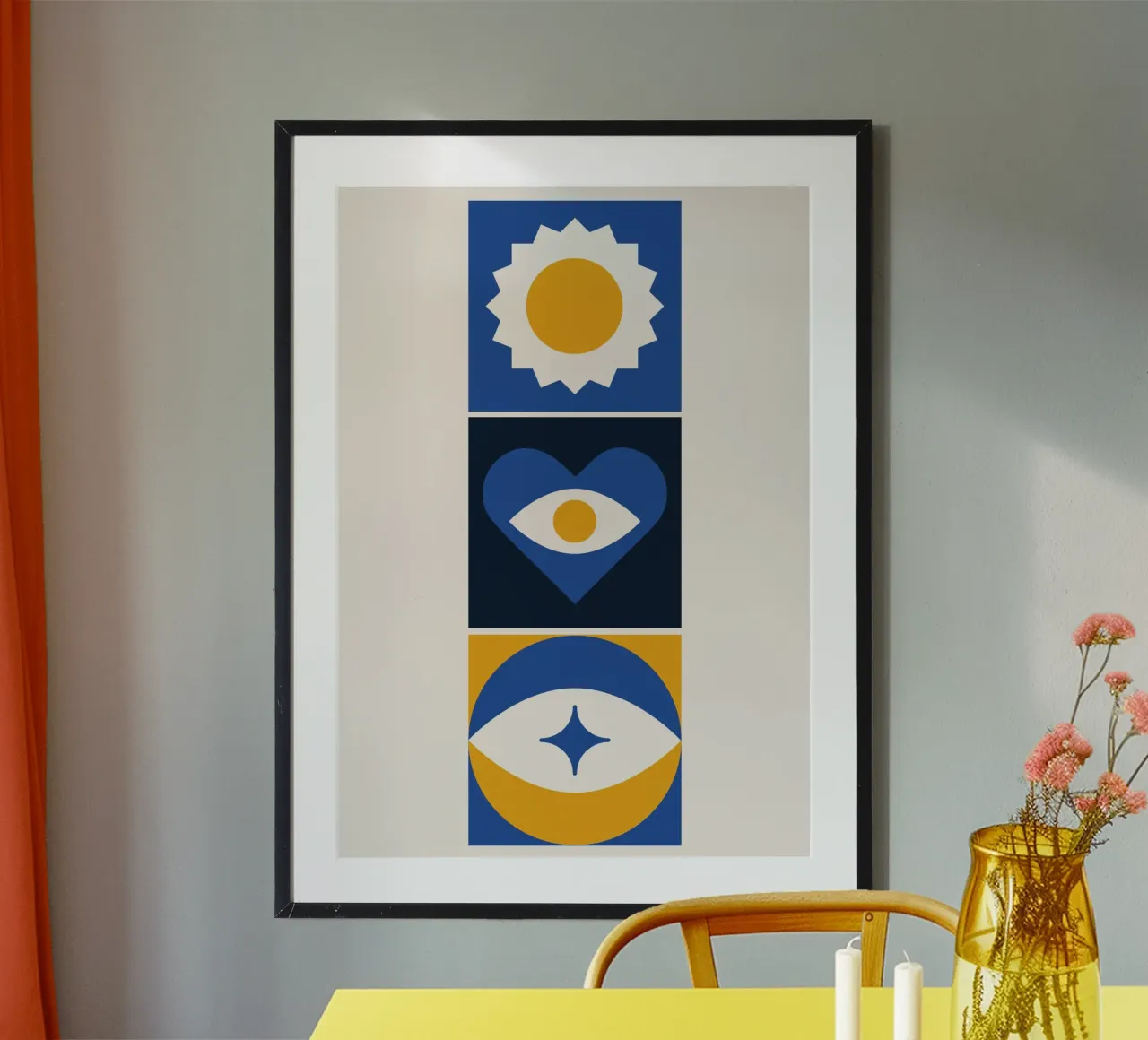 Triptyque abstrait Boho Bleu & Jaune Oeil Géométrique Coeur poster de Grungeo