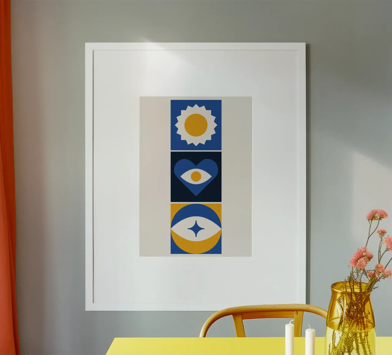 Triptyque abstrait Boho Bleu & Jaune Oeil Géométrique Coeur poster de Grungeo
