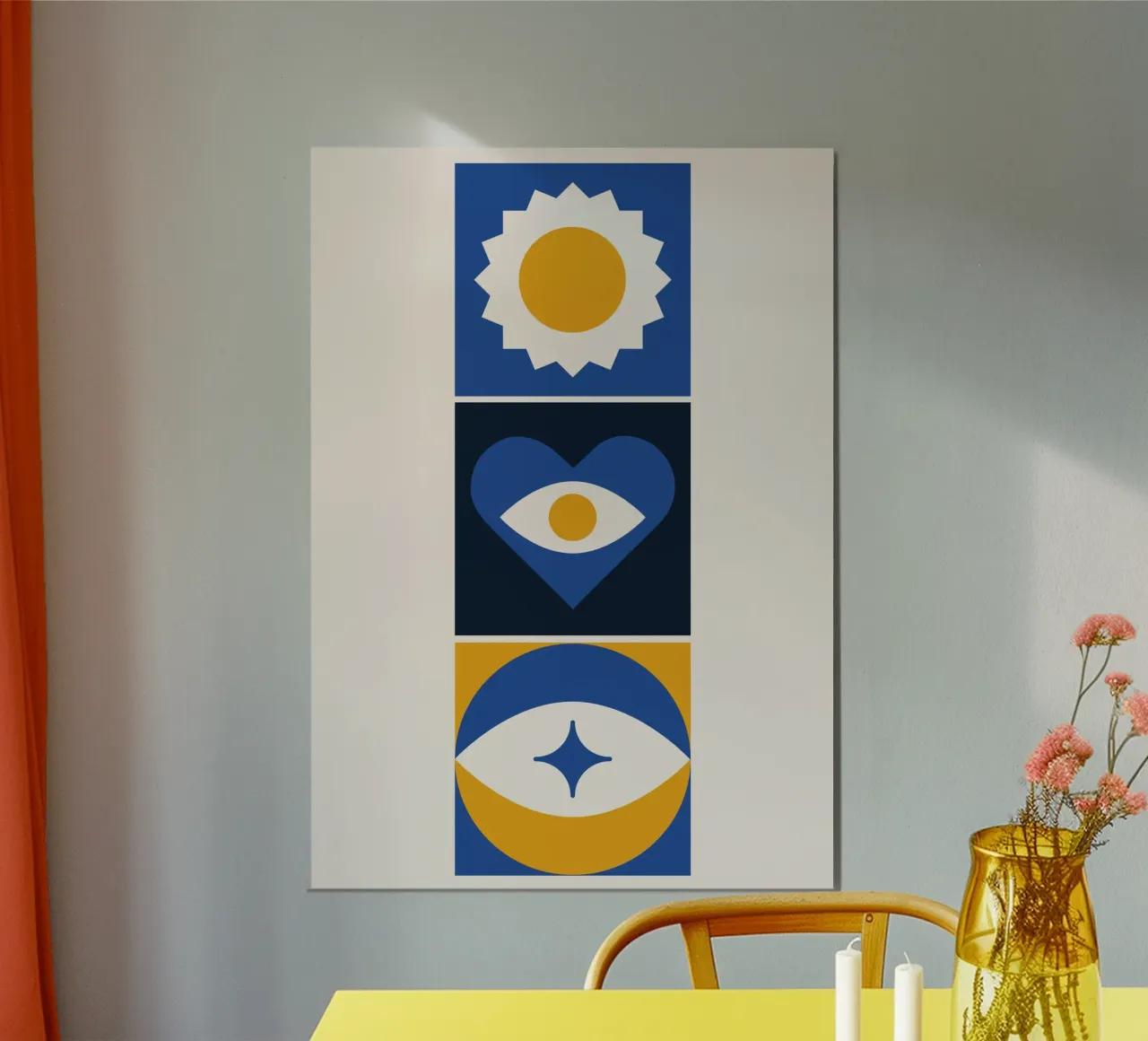 Triptyque abstrait Boho Bleu & Jaune Oeil Géométrique Coeur poster de Grungeo