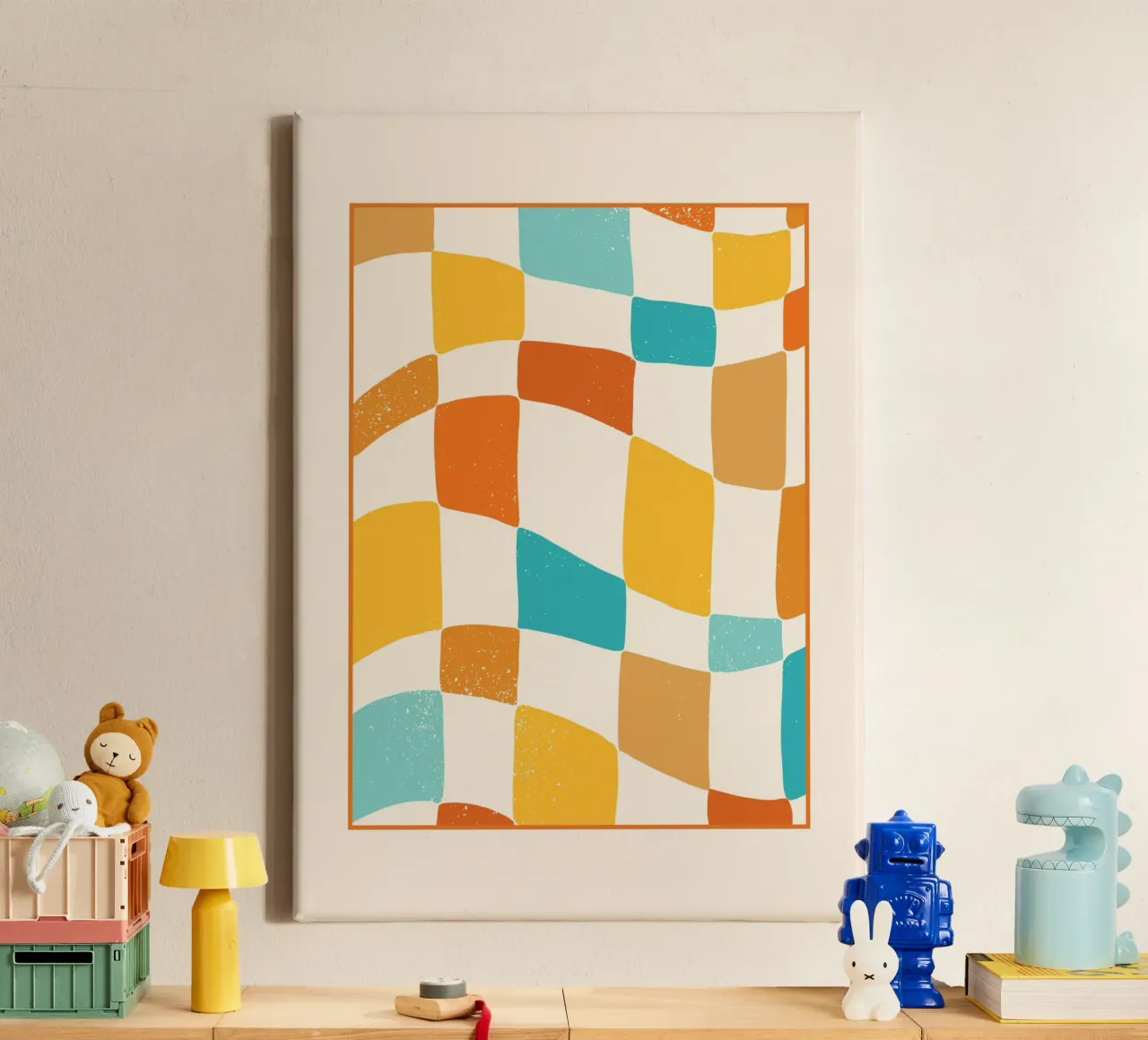 Groovy Checkerboard Abstract | Retro 70s Distressed Art tela da Grungeo
