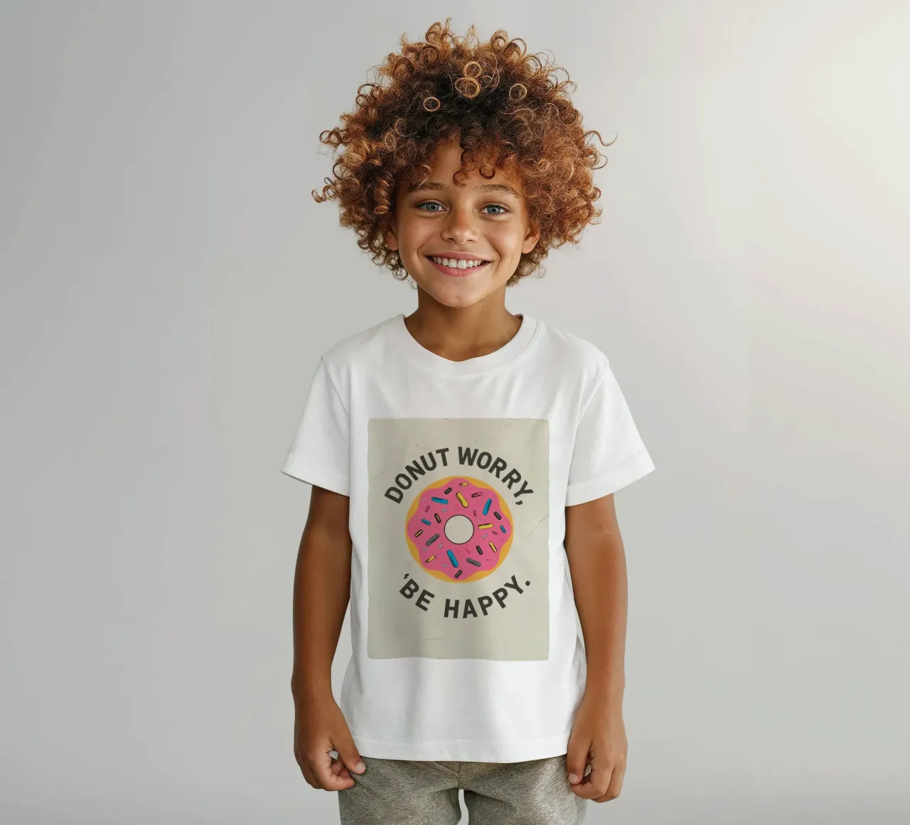 Ciambella con "Donut Worry Be Happy" (Non preoccuparti, sii felice) t-shirt bambini da DesignDoodle