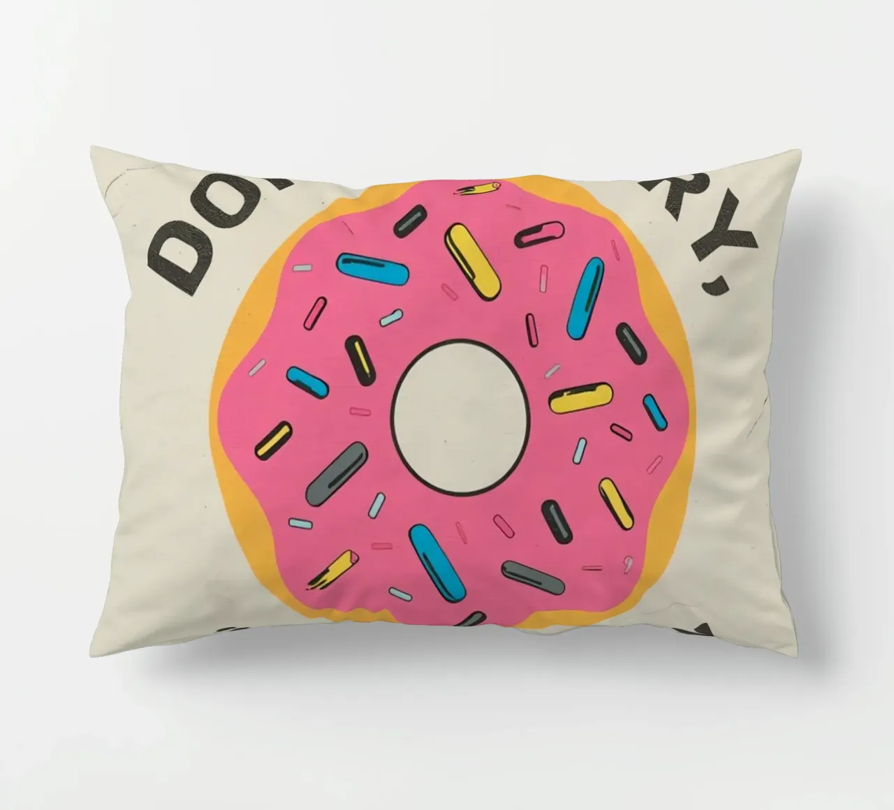 Ciambella con "Donut Worry Be Happy" (Non preoccuparti, sii felice) cuscino da DesignDoodle