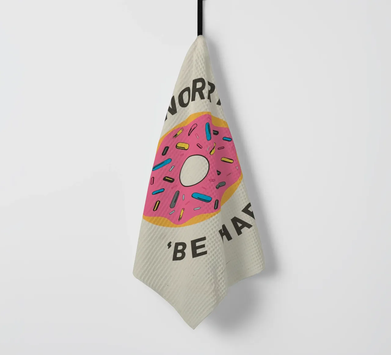 Ciambella con "Donut Worry Be Happy" (Non preoccuparti, sii felice) canovaccio da cucina da DesignDoodle