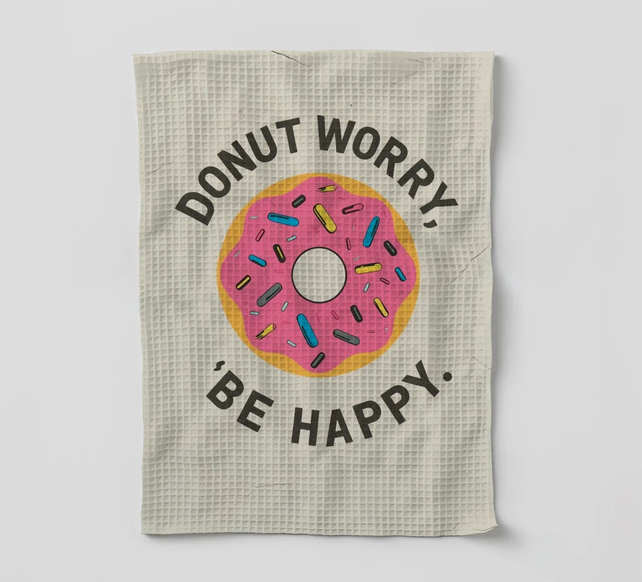 Ciambella con "Donut Worry Be Happy" (Non preoccuparti, sii felice) canovaccio da cucina da DesignDoodle