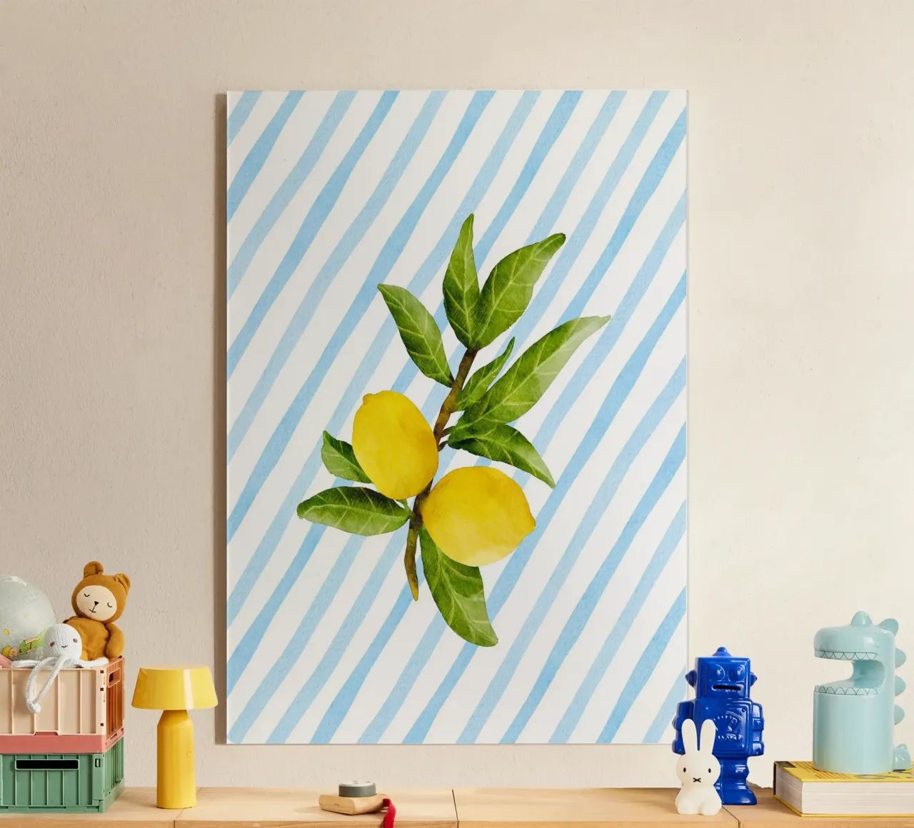 Maximalistische Zitrone Aquarell blauer Streifen Küsten Großmutter Acryl-Glas von dawnthesea