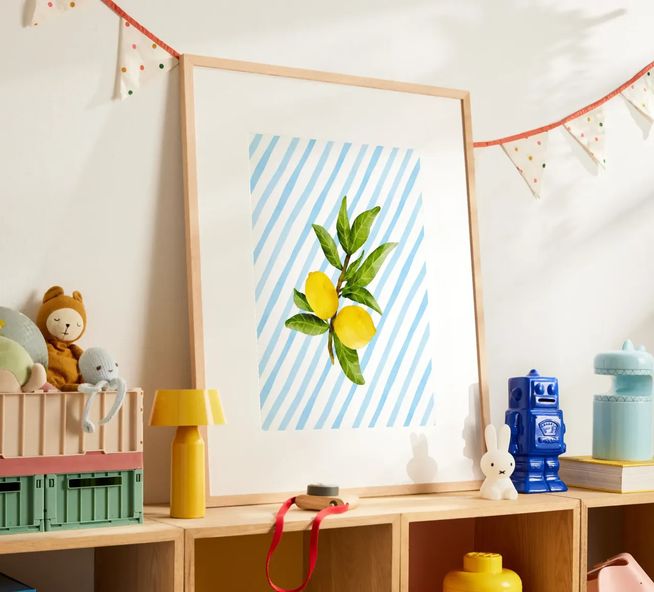 Maximalistische Zitrone Aquarell blauer Streifen Küsten Großmutter Poster von dawnthesea
