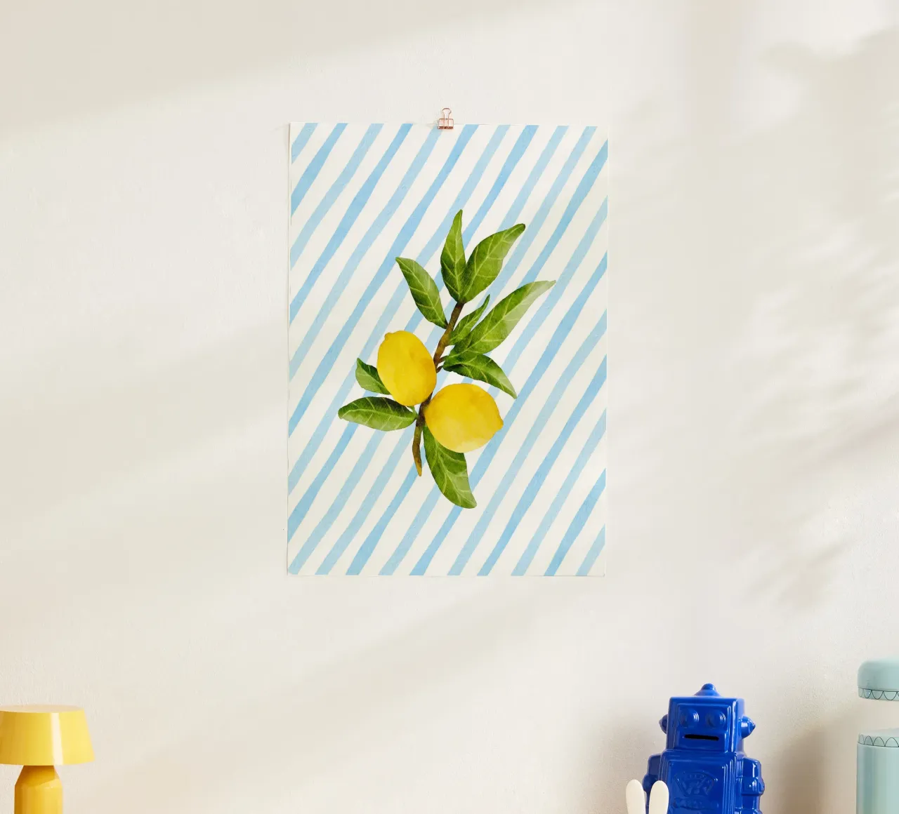 Maximalistische Zitrone Aquarell blauer Streifen Küsten Großmutter Poster von dawnthesea