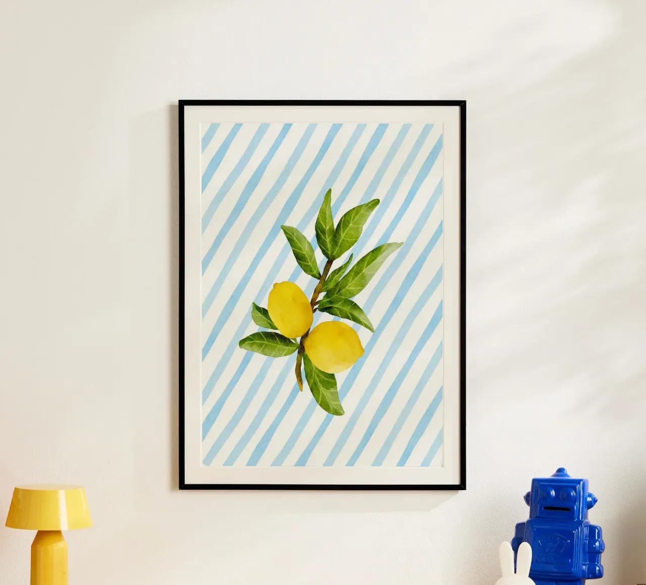 Maximalistische Zitrone Aquarell blauer Streifen Küsten Großmutter Poster von dawnthesea