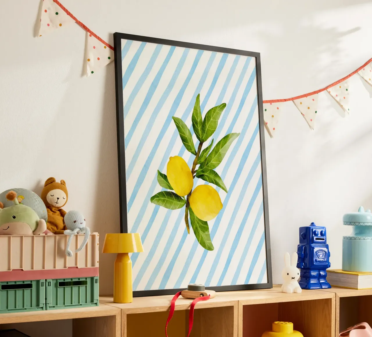 Maximalistische Zitrone Aquarell blauer Streifen Küsten Großmutter Poster von dawnthesea