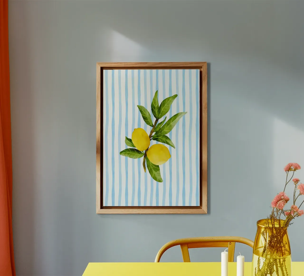 Cucina massimalista a strisce diagonali color limone, costiera e acquerello alluminio dibond da dawnthesea