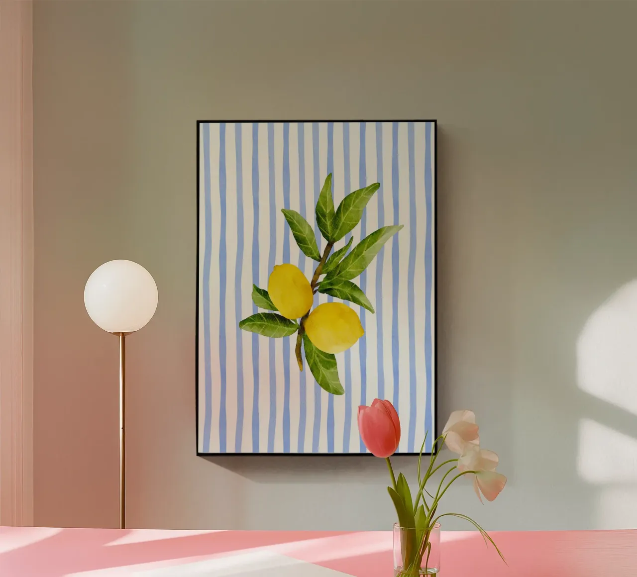 Maximalist Zitrone Aquarell Französisch blau gestreift Küstenposte Acryl-Glas von dawnthesea