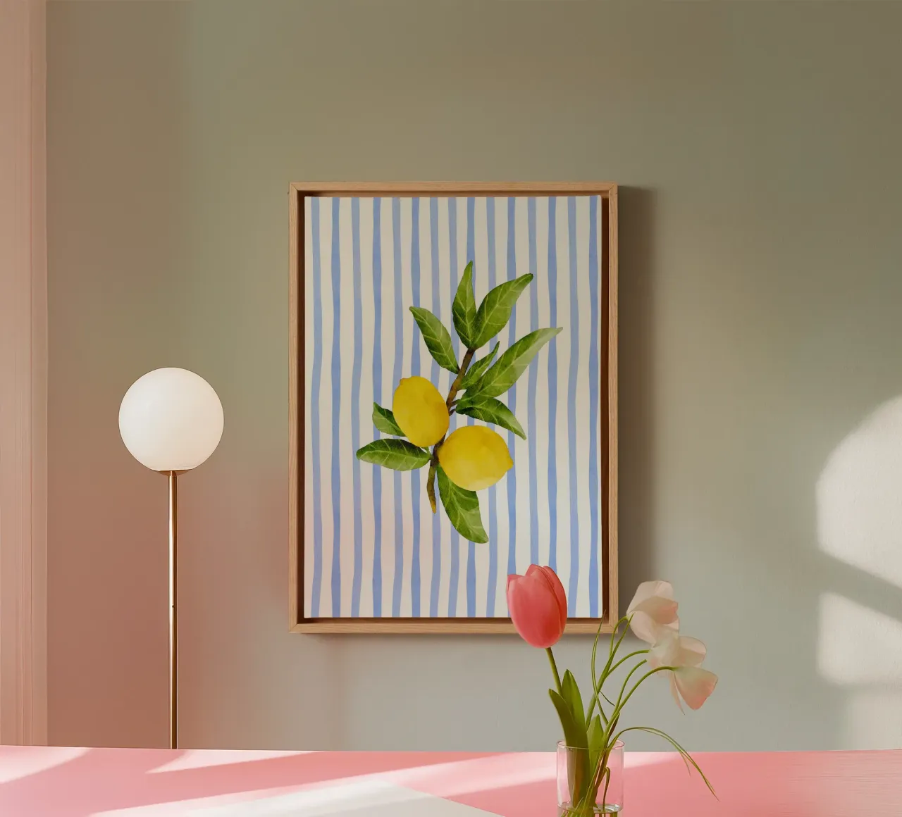 Maximalist Zitrone Aquarell Französisch blau gestreift Küstenposte Leinwand von dawnthesea