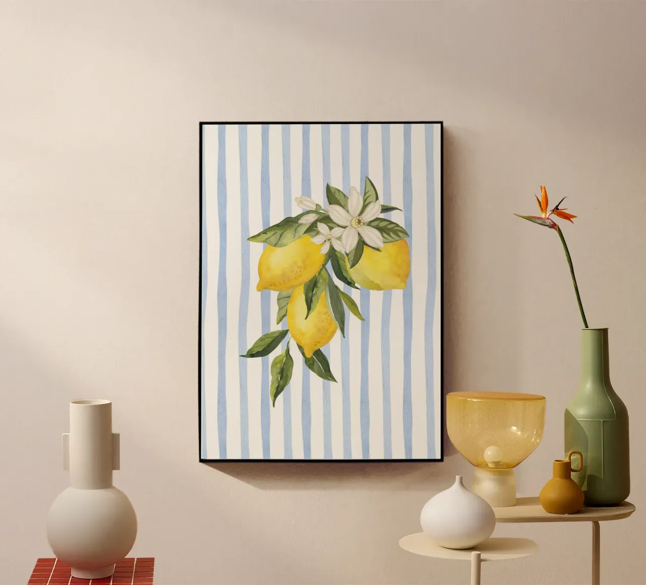 Maximalista Fiori di limone acquerello blu a strisce - Poster costiero plexiglass da dawnthesea