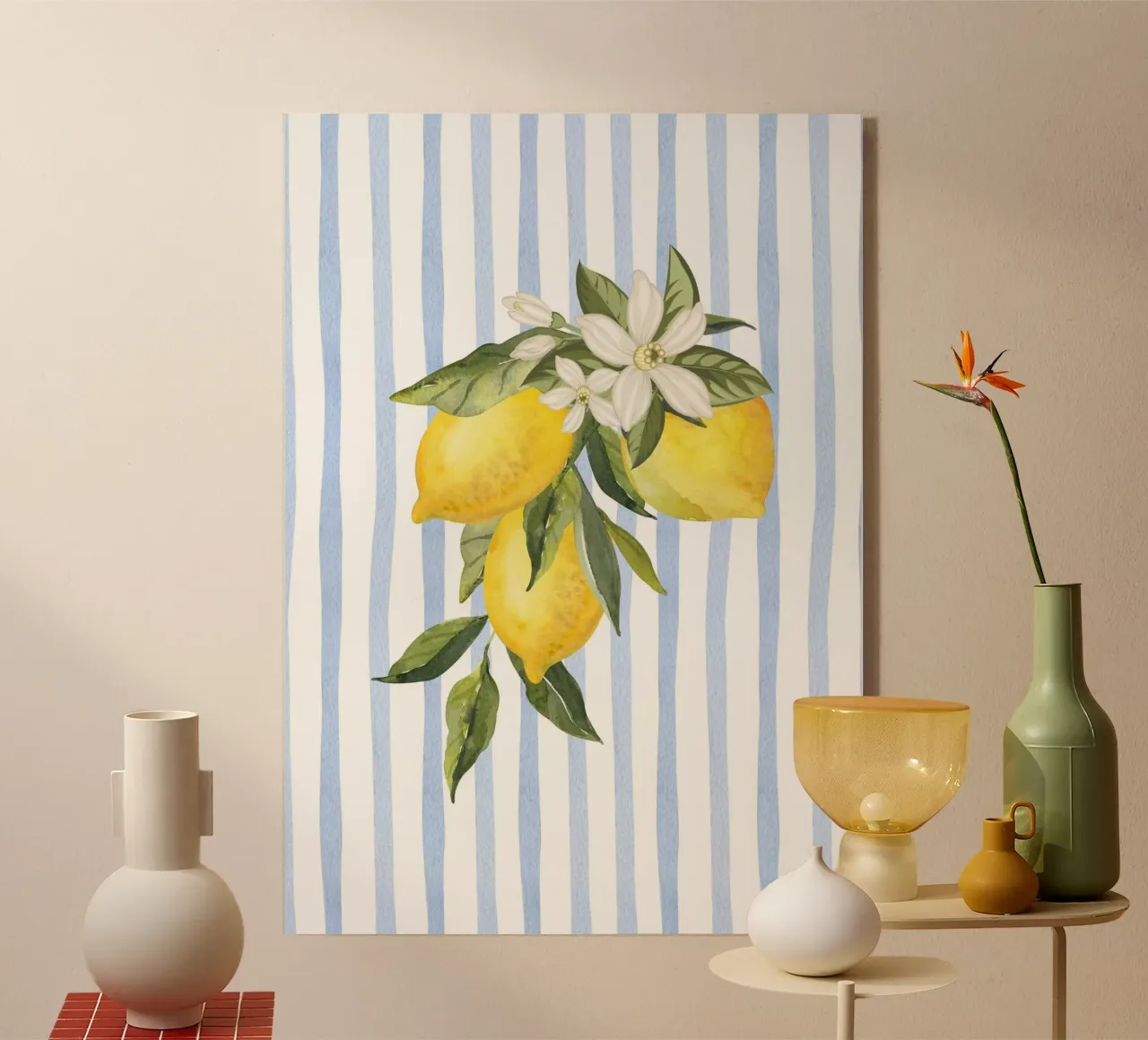 Maximalista Fiori di limone acquerello blu a strisce - Poster costiero plexiglass da dawnthesea