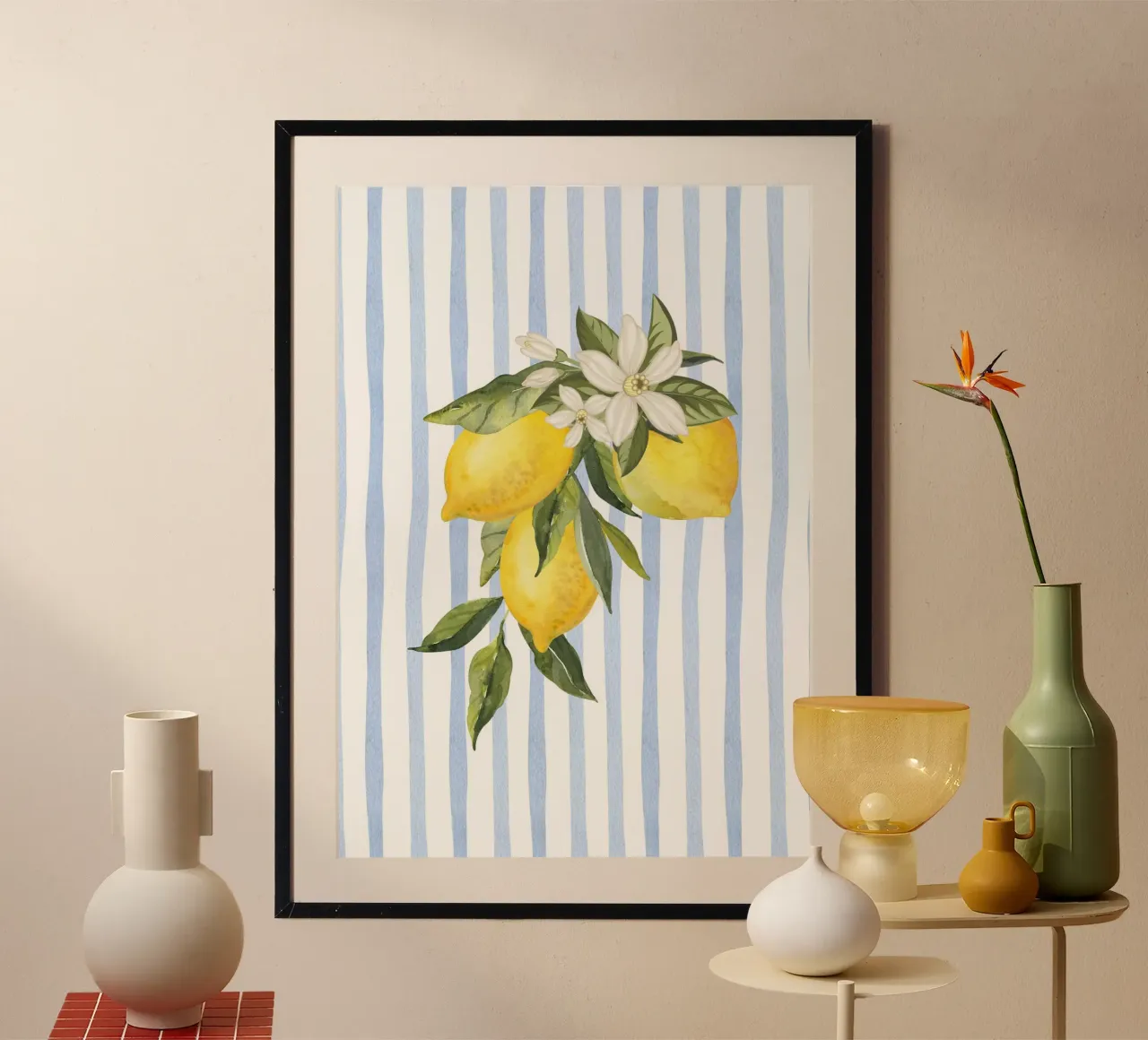 Maximalista Fiori di limone acquerello blu a strisce - Poster costiero carta hahnemühle da dawnthesea