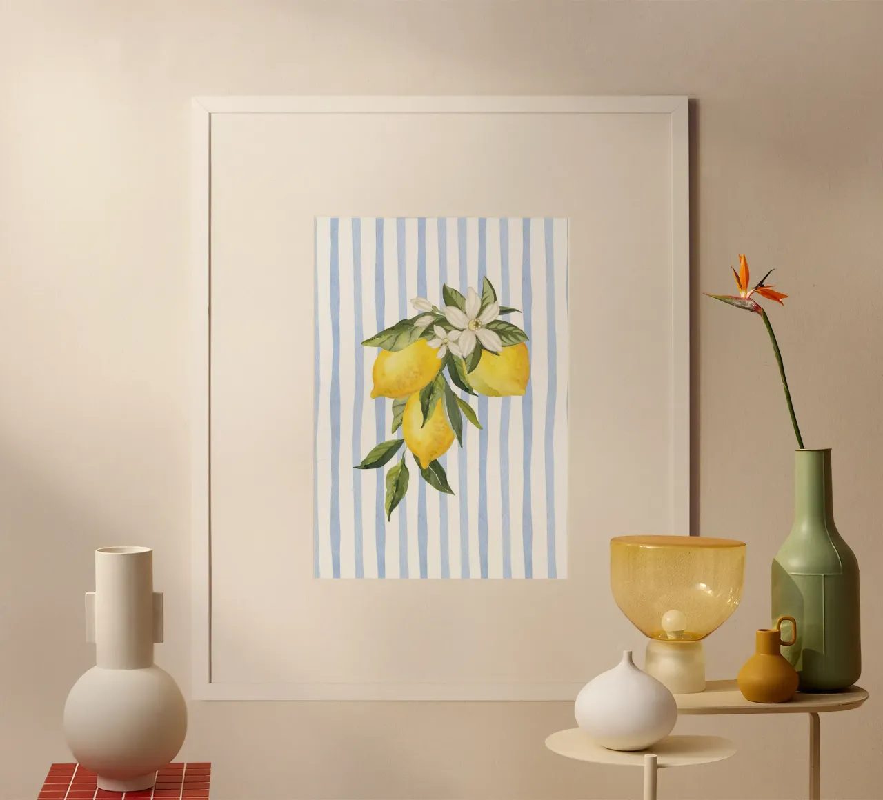 Maximalista Fiori di limone acquerello blu a strisce - Poster costiero carta hahnemühle da dawnthesea
