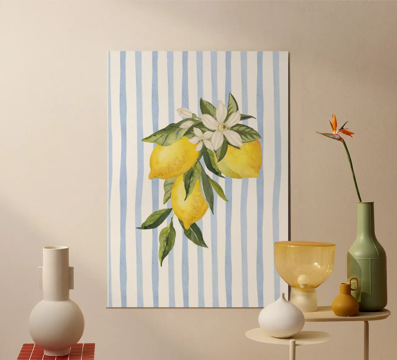 Maximalista Fiori di limone acquerello blu a strisce - Poster costiero carta hahnemühle da dawnthesea