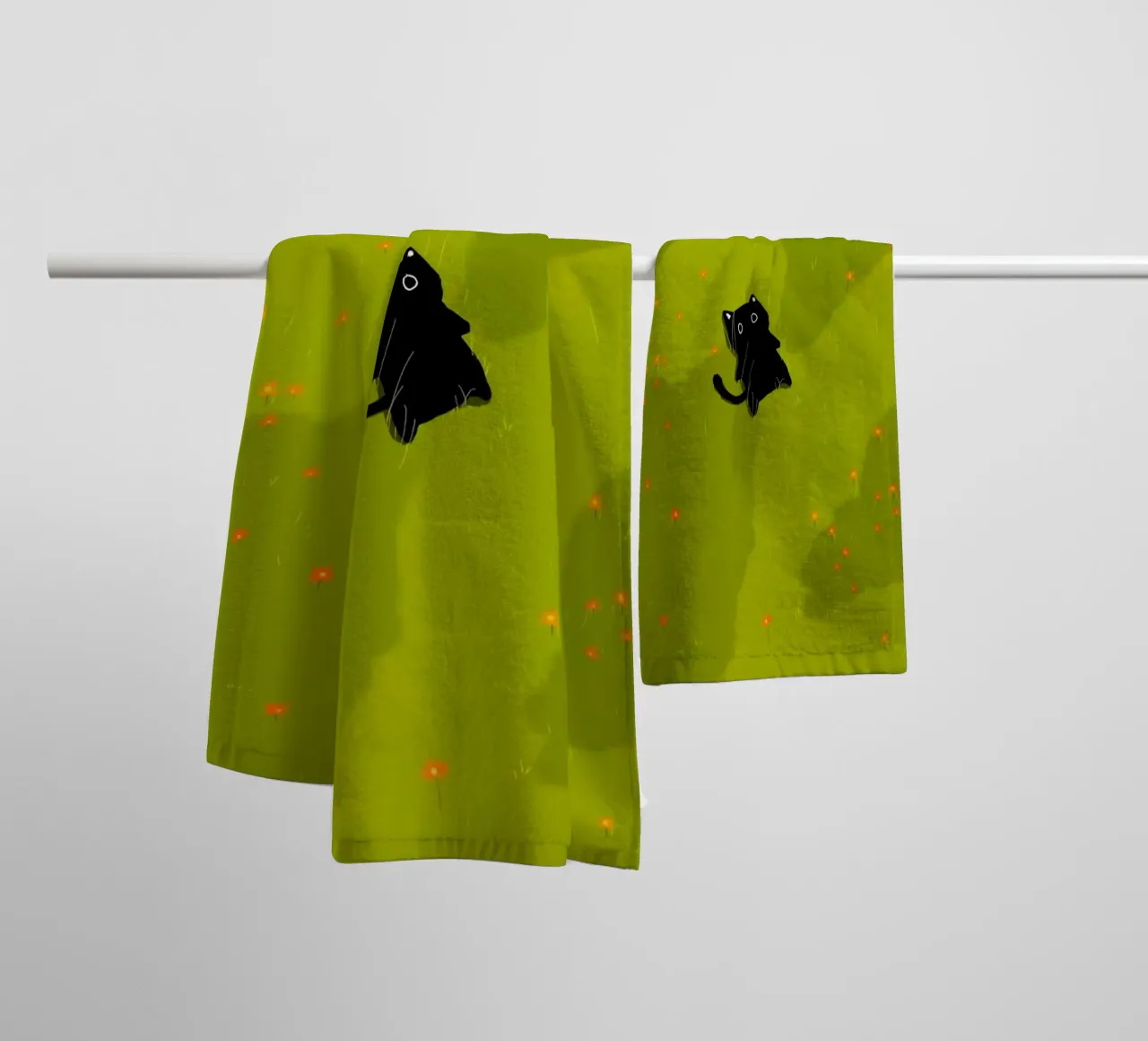 chill cat on green field towel by Fost