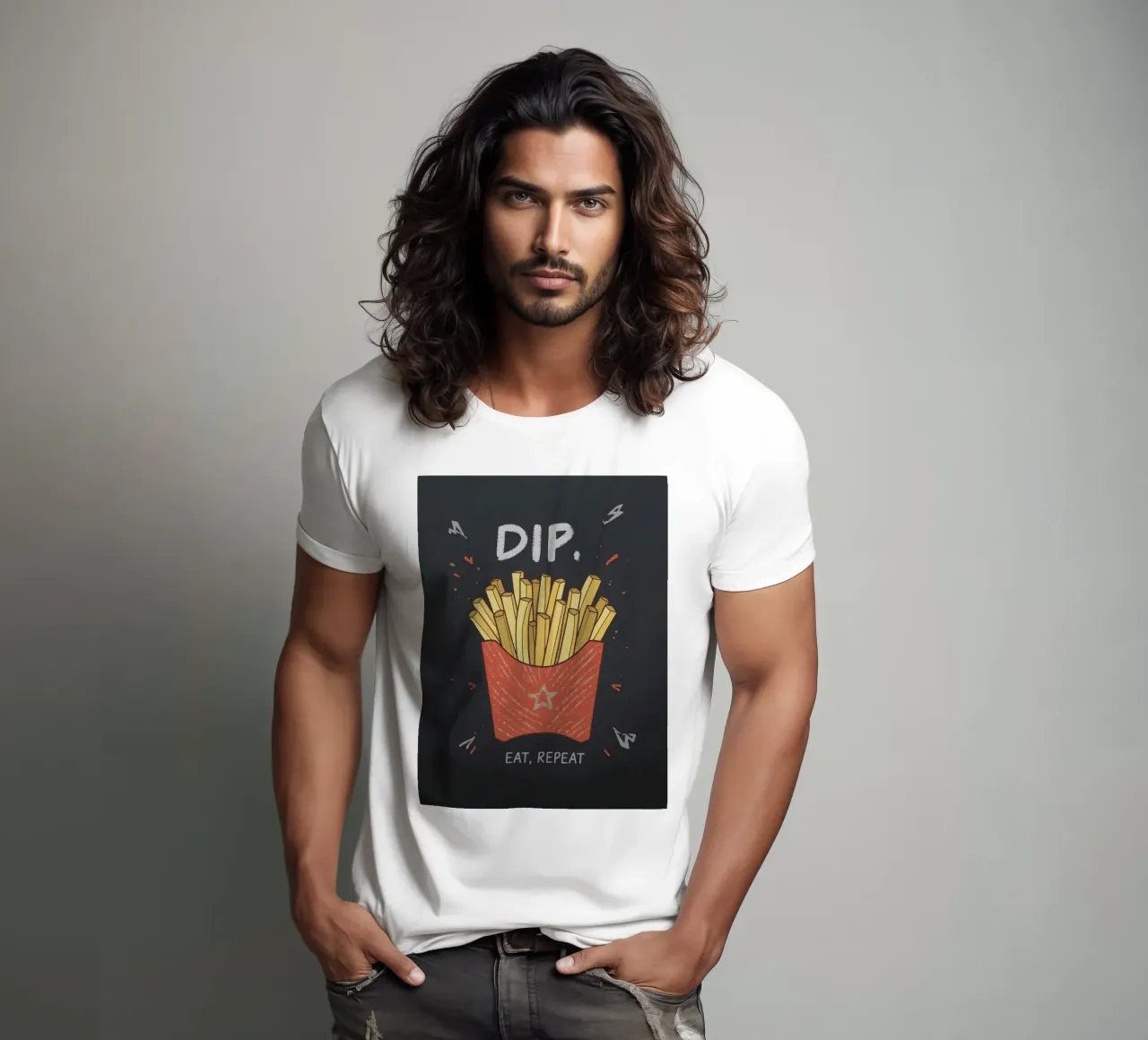 Patate fritte "DIP, EAT, REPEAT". t-shirt da DesignDoodle