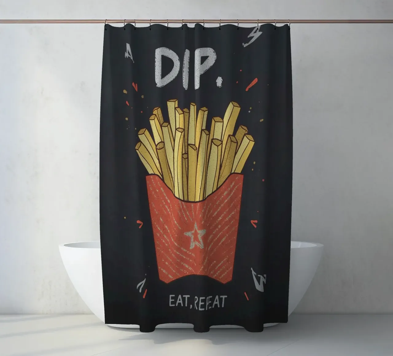 Patate fritte "DIP, EAT, REPEAT". tenda da doccia da DesignDoodle