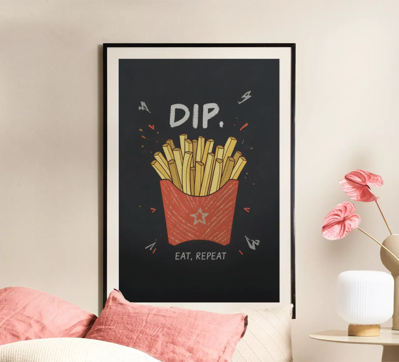 Patate fritte "DIP, EAT, REPEAT". carta hahnemühle da DesignDoodle
