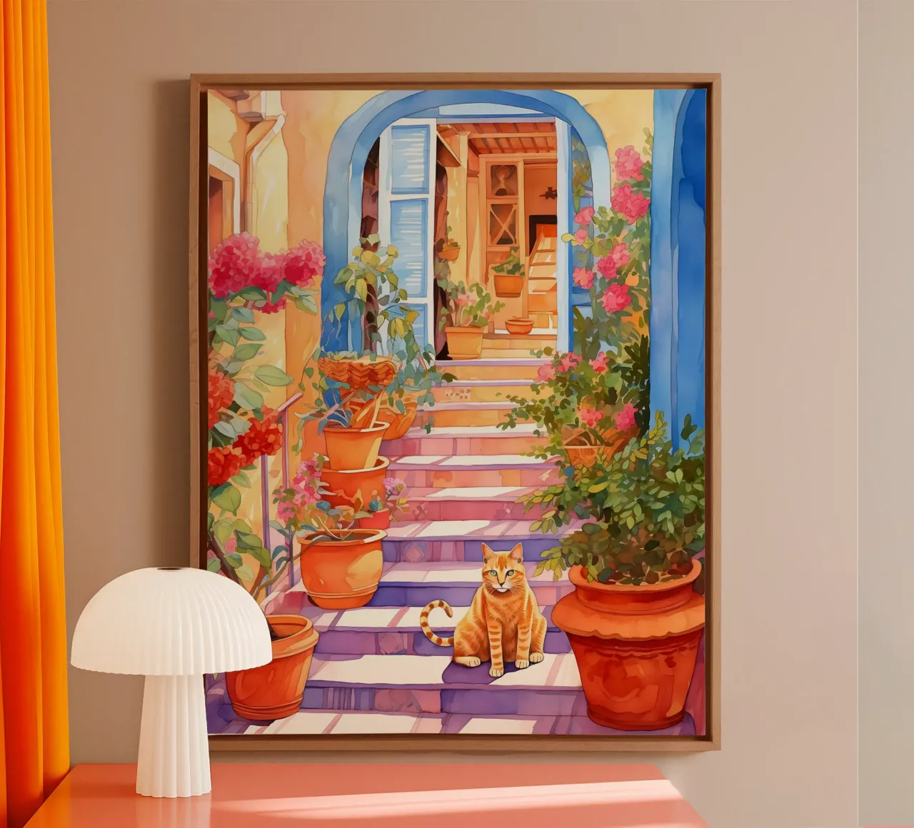 Cat on Stairs canvas met Baklijst van Artsy Bessy