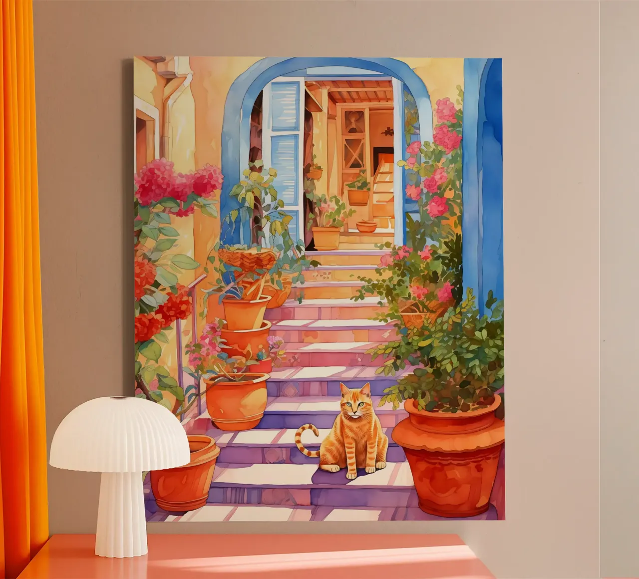 Cat on Stairs canvas met Baklijst van Artsy Bessy