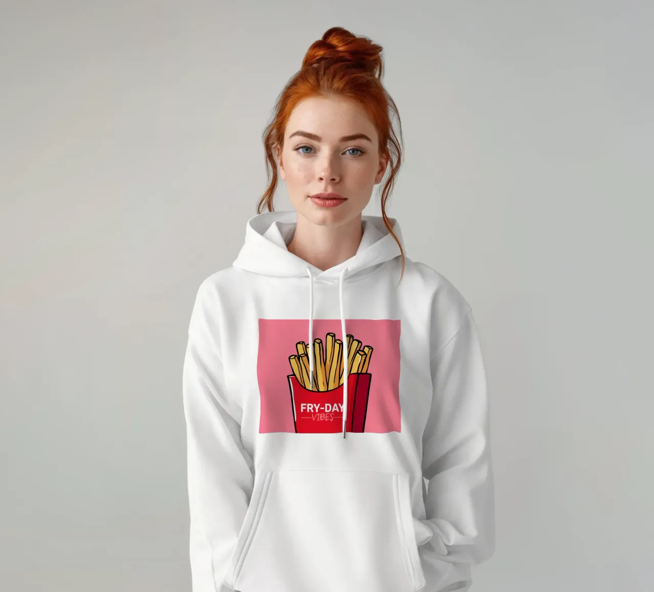 Patatas fritas "FRY-DAY VIBES" sobre fondo rosa sudadera con capucha de DesignDoodle